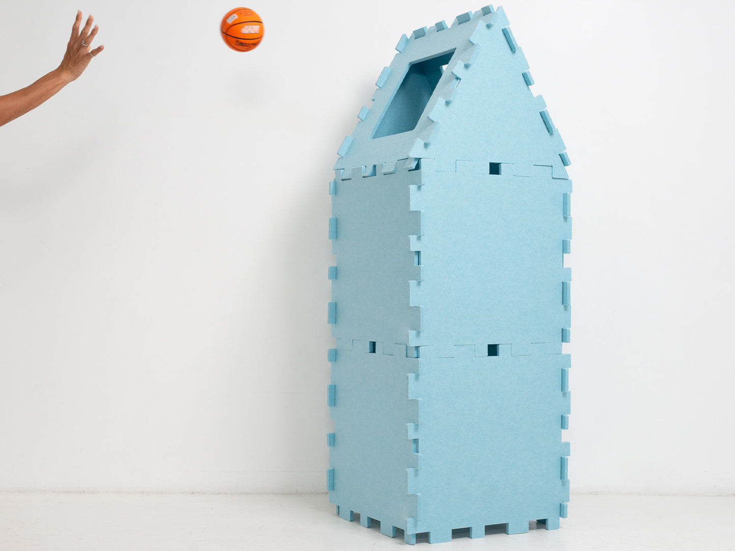 Sky Blue Fuzzy Fort Build as a ball catcher for little kids to throw balls into made from Eco felf the perfect eco friendly toy for kids