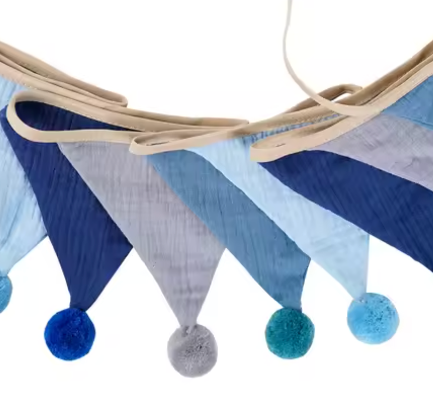 Decorative bunting with blue, gray, and beige colours