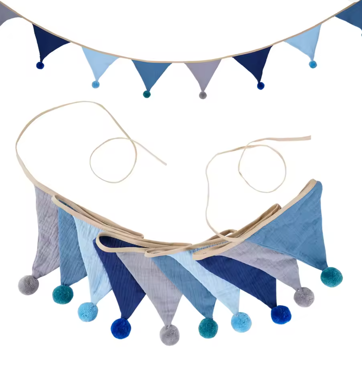 Blue and gray bunting with pom-poms on a white background