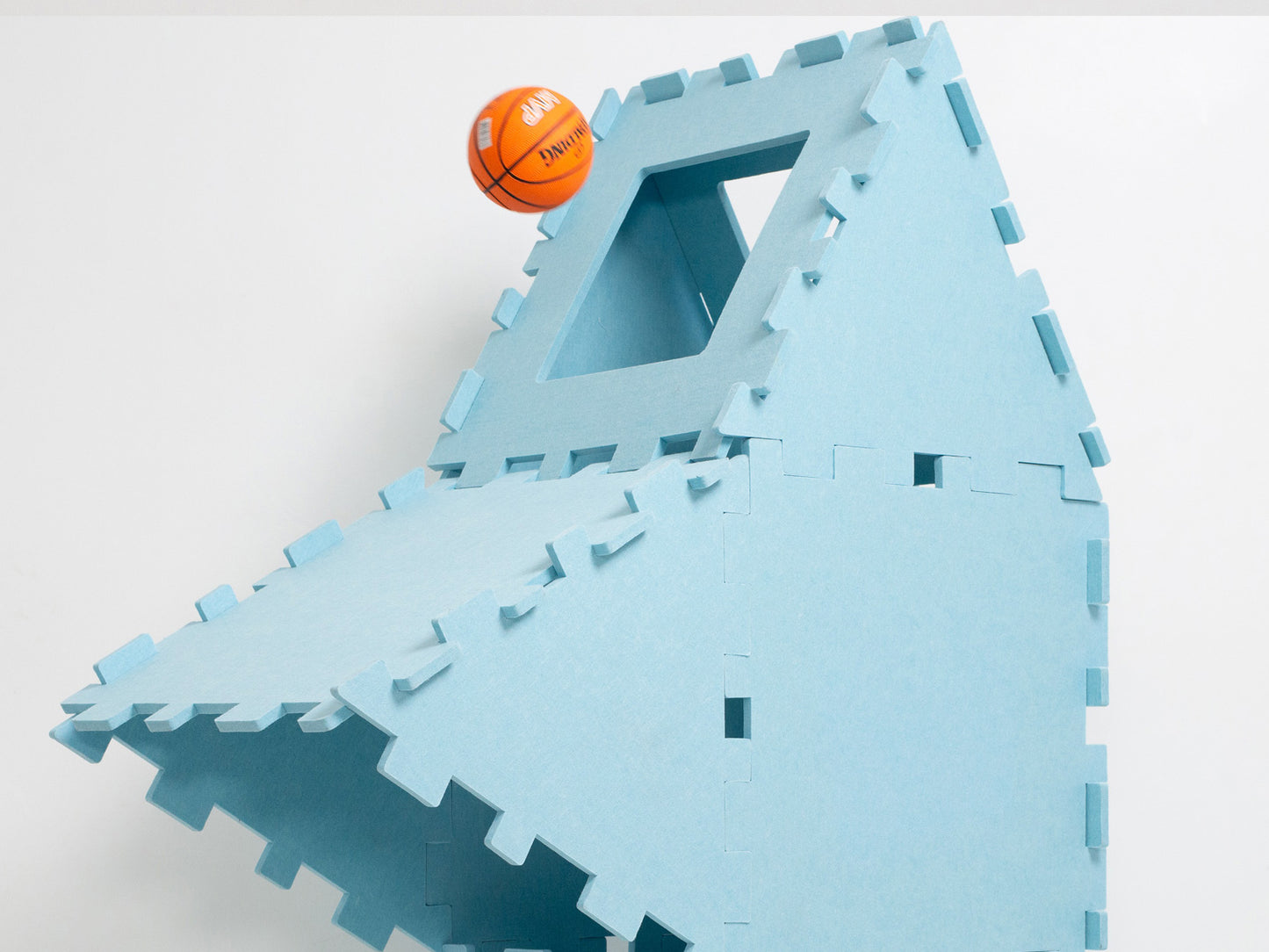 Sky Blue Fuzzy Fort Build as a ball catcher for little kids to throw balls in, close up made from Eco felf the perfect eco friendly toy for kids