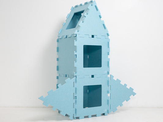 Sky Blue Fuzzy Fort Build as a rocket for little kids to limb in made from Eco felf the perfect eco friendly toy for kids