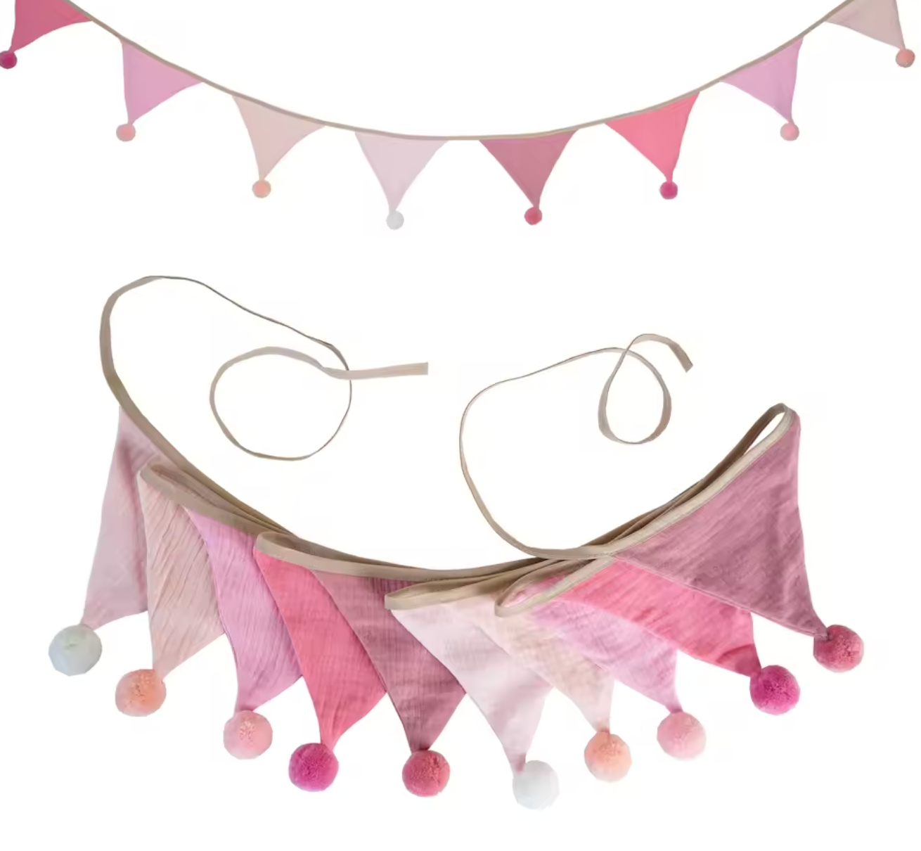 Decorative bunting with pink and white fabric and pom-poms on a white background